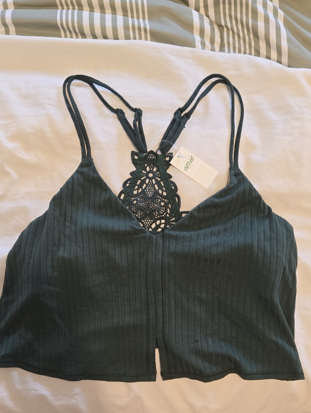 aerie Forest Green Ribbed Lace-Back Crop Tank